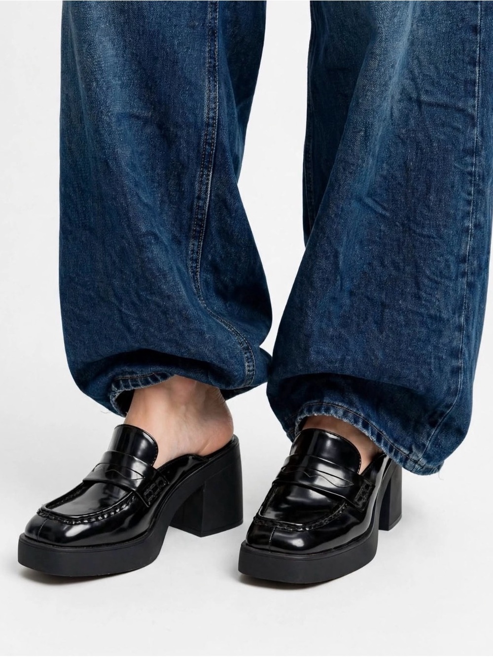 a new day Black Patent Platform Block Heel Mules